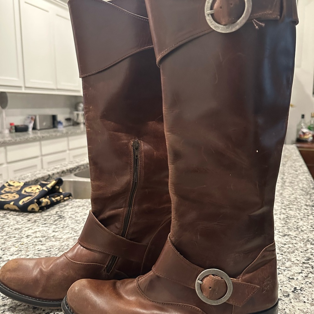 John Fluevog Brown Over the Knee Boots with Buckle
